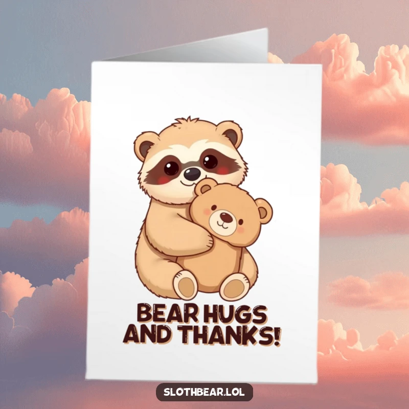 Funny Free Printable Thank You Card: Kawaii sloth bear character giving a big hug to a fuzzy teddy bear, a gesture of warm appreciation.