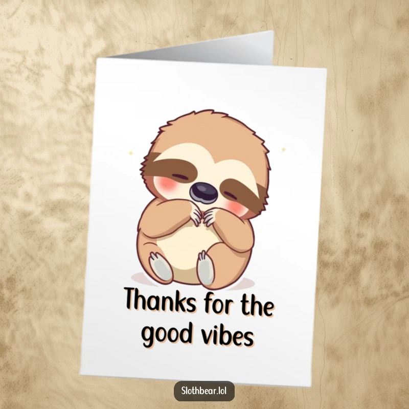 Funny Free Printable Thank You card: Content sloth bear happily scratching its belly, a unique and humorous way to say thanks.