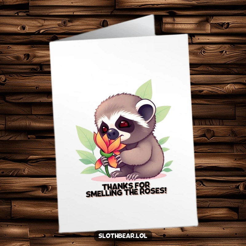 Funny Free Printable Thank You Card: Curious sloth bear cub sniffing a bright flower, conveying thanks with innocent wonder.