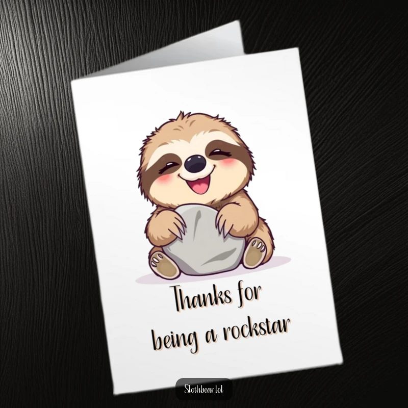 Funny Free Printable Thank You Card depicting a sloth bear giggling happily as it plays with a smooth stone, conveying thanks with lightheartedness.