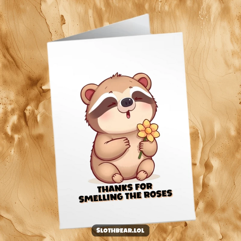 Funny Free Printable Thank You Card with a content sloth bear humming a tune and holding a flower, a symbol of peaceful gratitude.