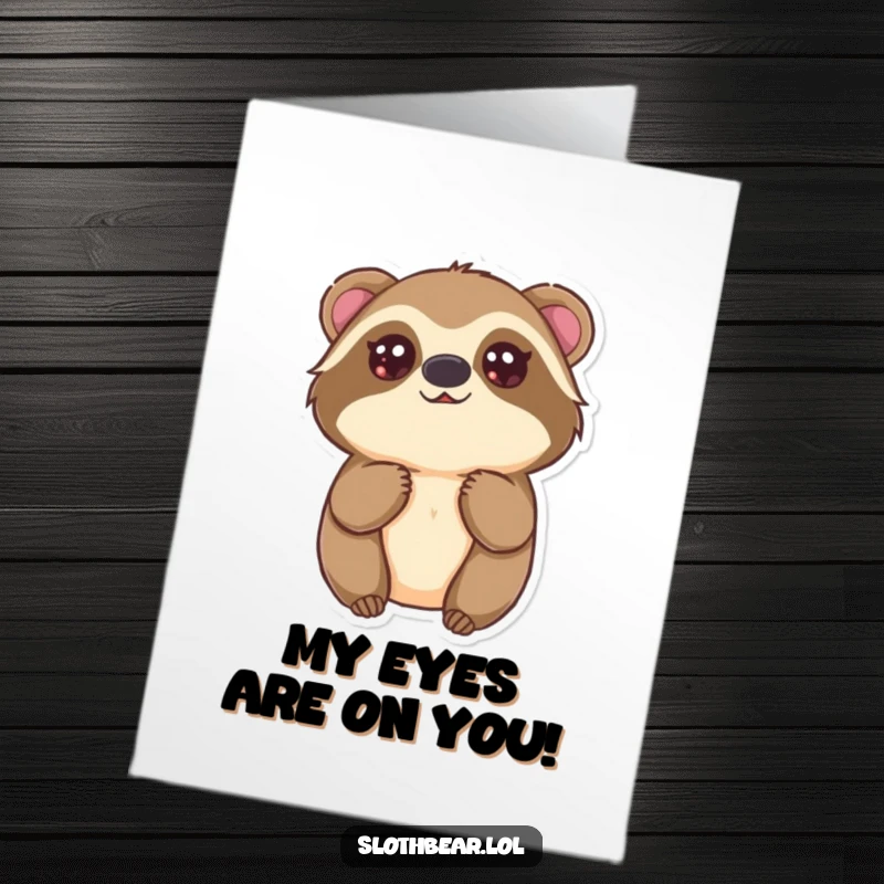 Funny free printable thank you card of a kawaii sloth bear looking up with big, innocent eyes, expressing sincere thanks.