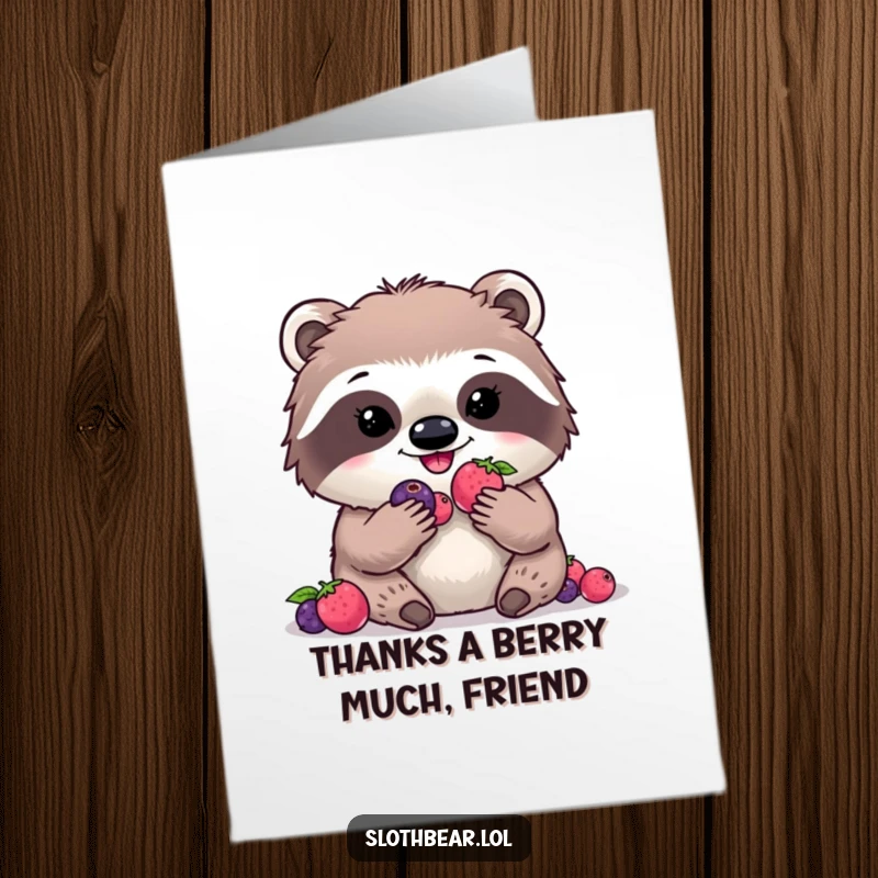 Funny Free Printable Thank You Card: Kawaii sloth bear happily munching digital berries, expressing thanks with adorable, humorous flair.