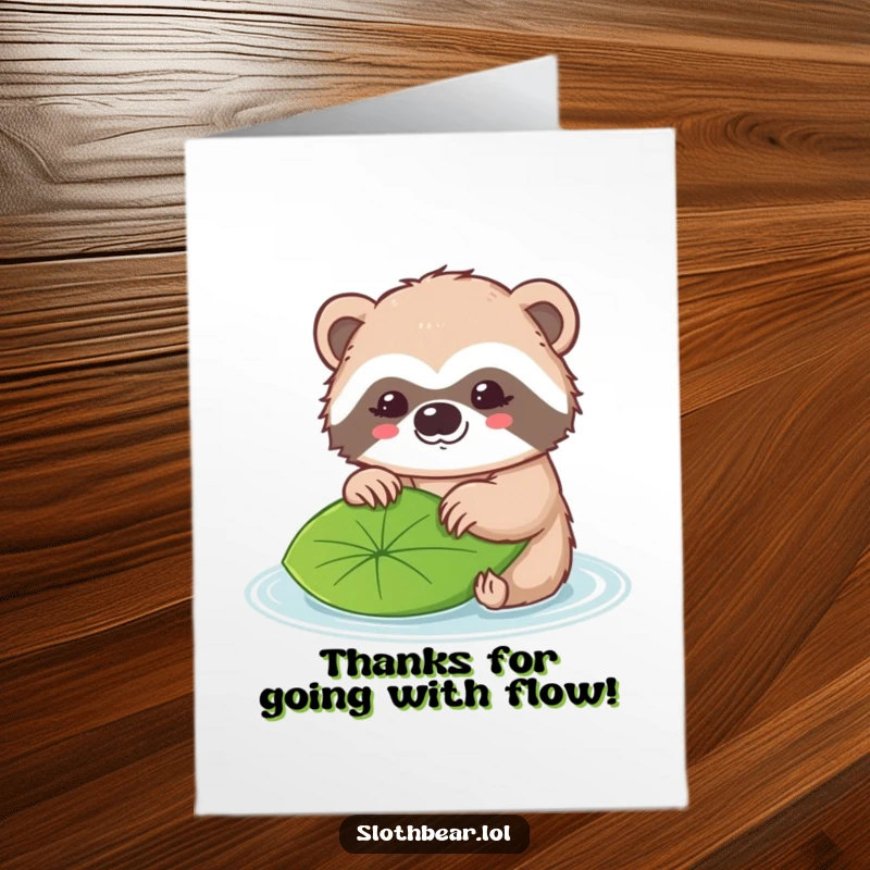 Funny Free Printable Thank You Card: Kawaii sloth bear gently nudging a floating leaf, a sweet gesture of thanks.