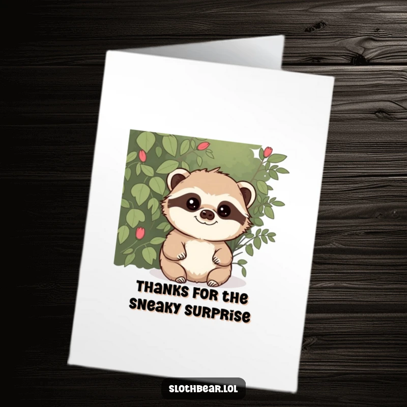 Funny Free Printable Thank You card: Mischievous sloth bear peeking from a bush, a playful way to express gratitude.
