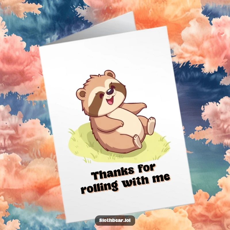 Free Printable Thank You Card: Sloth bear rolls down a grassy slope with glee, offering a fun and heartfelt thank you.
