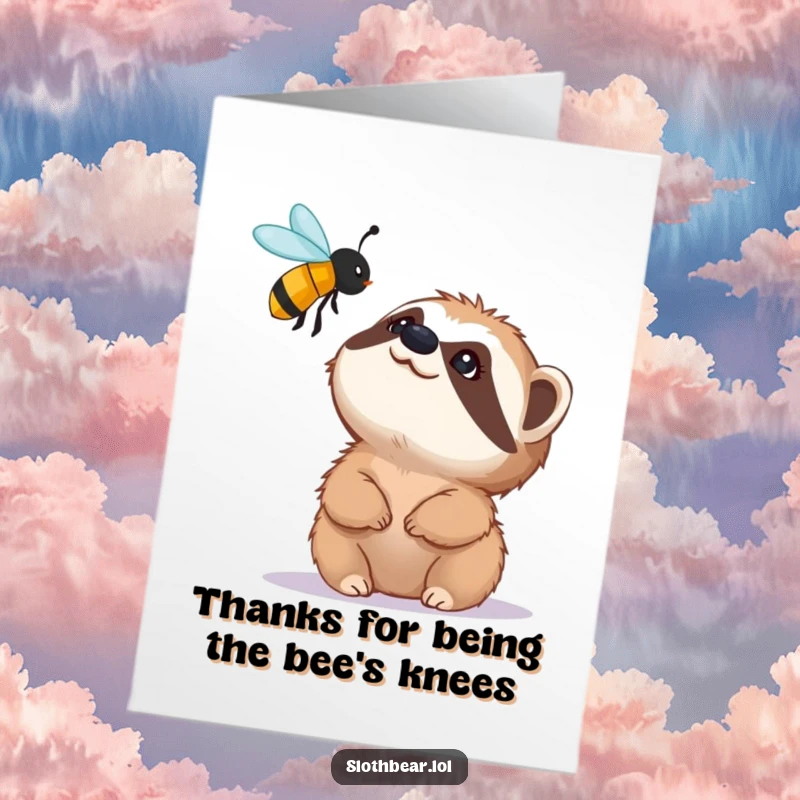 Funny Free Printable Thank You Card: Sloth bear gazing in awe at a bee, conveying deep appreciation.