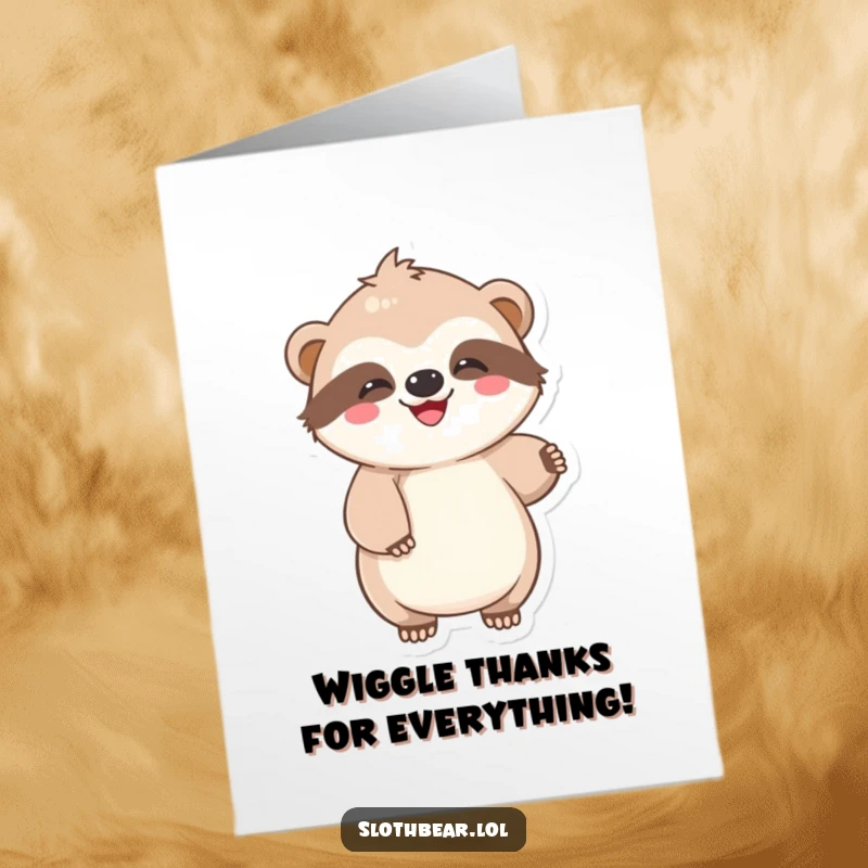 Funny Free Printable Thank You Card: Kawaii sloth bear character doing a lazy, joyful wiggle, conveying thanks with relaxed charm.