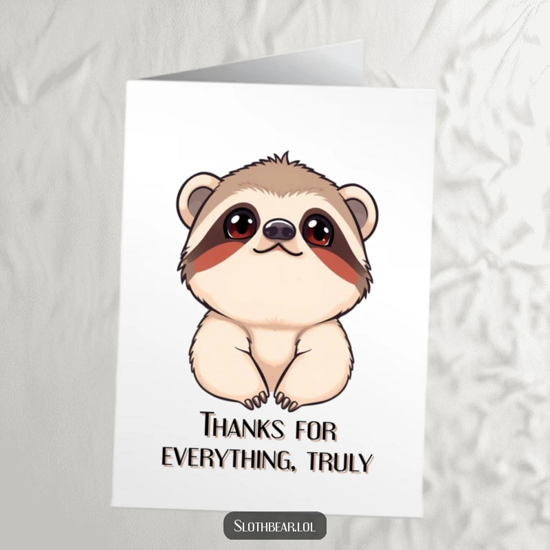 Funny Free Printable Thank You Card: A young sloth bear cub gazing upwards with a sweet, questioning expression, saying thanks.