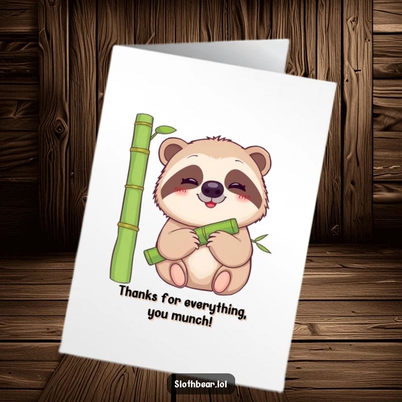 Funny Free Printable Thank You Card: A gentle sloth bear smiles while munching on a delicious bamboo stalk.