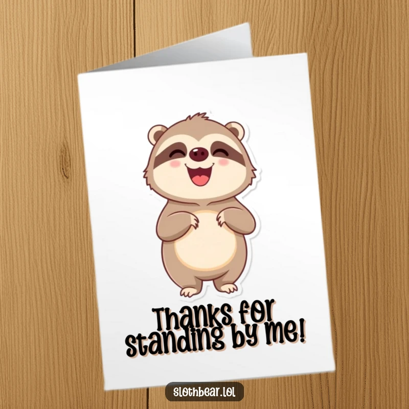 Funny Free Printable Thank You Card: Delighted sloth bear stands on hind legs looking pleased, offering heartfelt thanks.