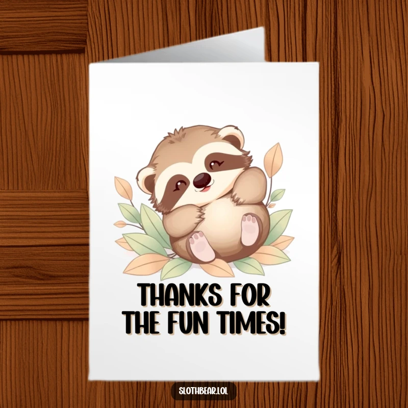 Funny Free Printable Baby Sloth Bear Thank You Card, a cub tumbling joyfully in leaves, sweet downloadable greeting.