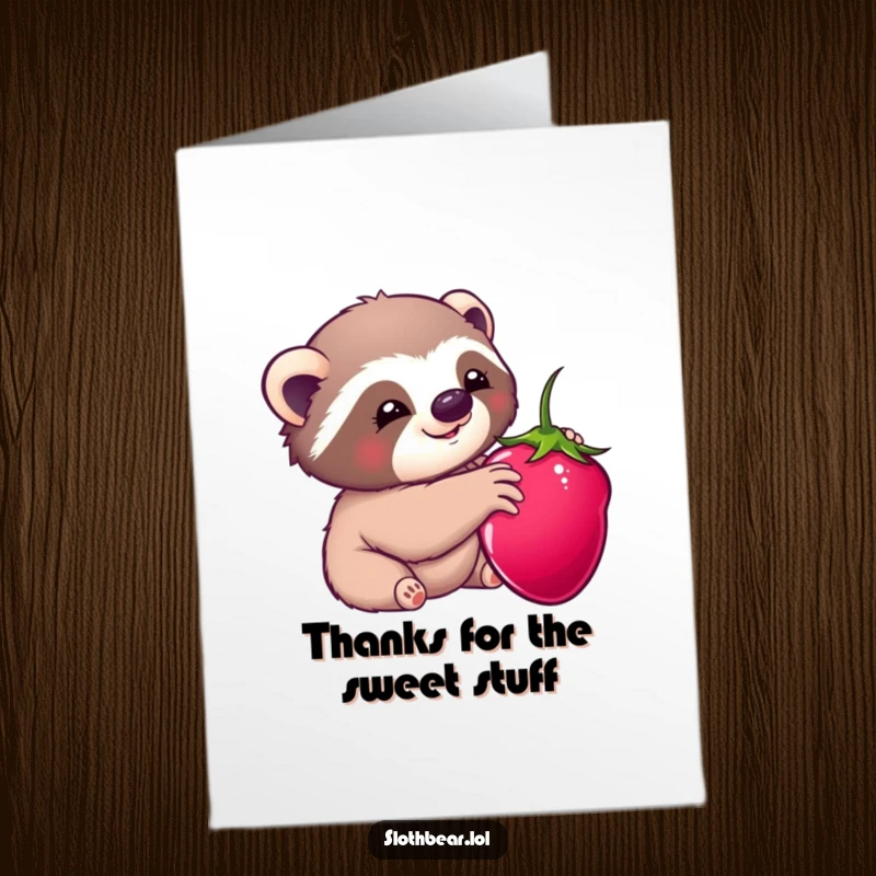 Cute Free Printable Thank You Card with a kawaii sloth bear happily stretching to grab a juicy ripe berry.