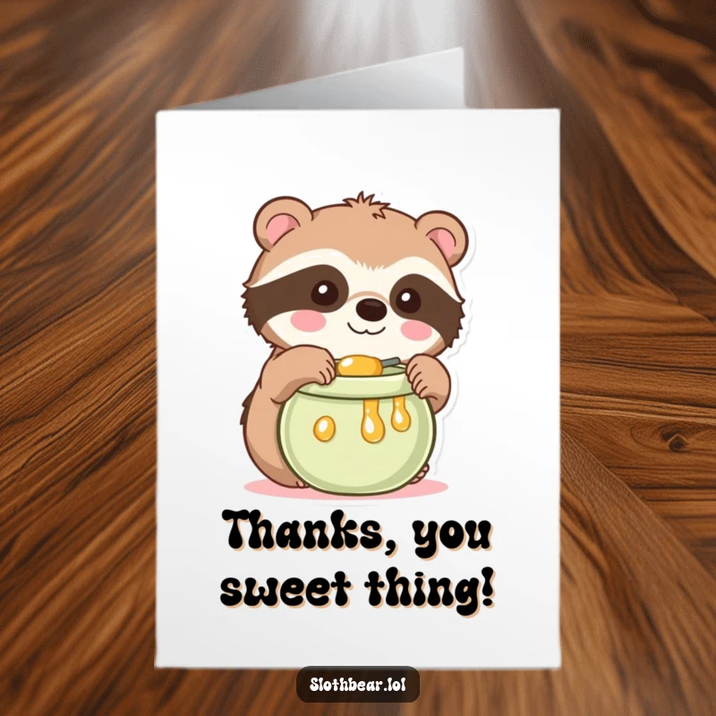 Funny free printable thank you card of a kawaii sloth bear reaching with desire towards a golden honey pot, full of sweetness.
