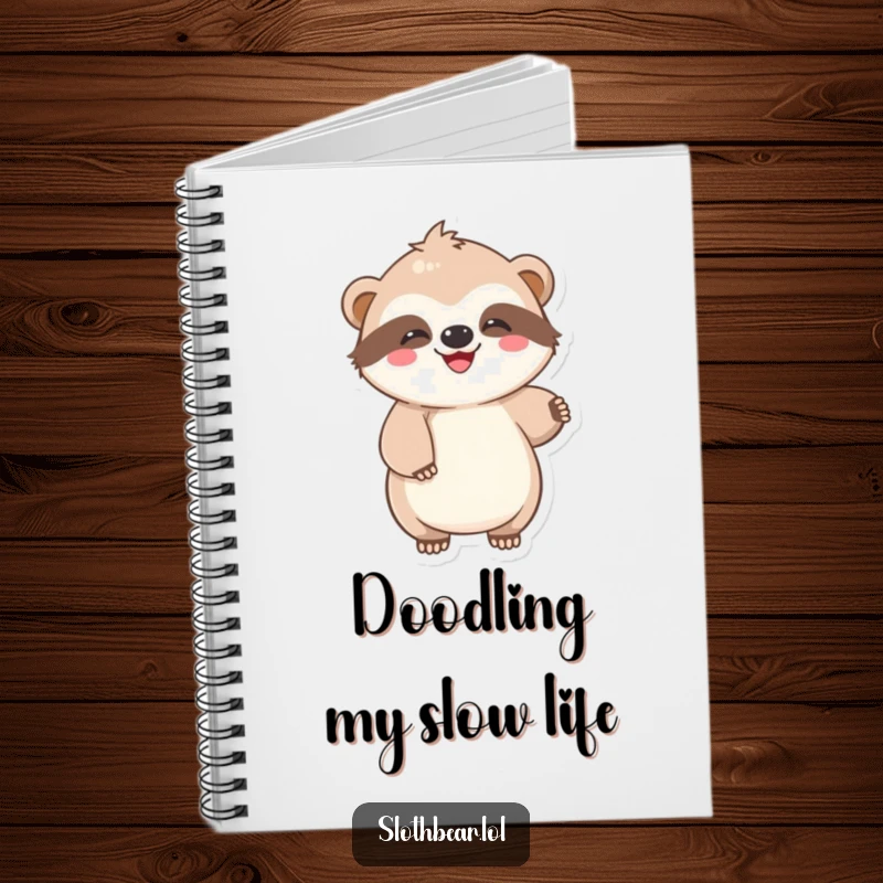 Funny Notebook featuring a kawaii sloth bear character doing a lazy, joyful wiggle, perfect for note-taking and creative journaling.