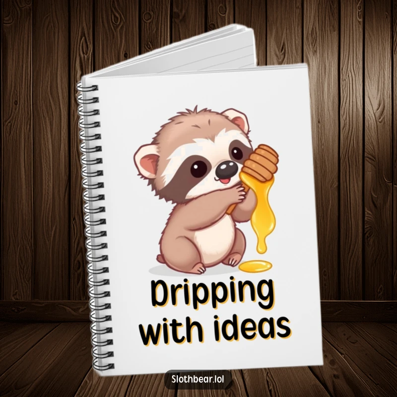 Funny notebook with a cute sloth bear cub playfully reaching for honey, perfect for jotting down sweet ideas.