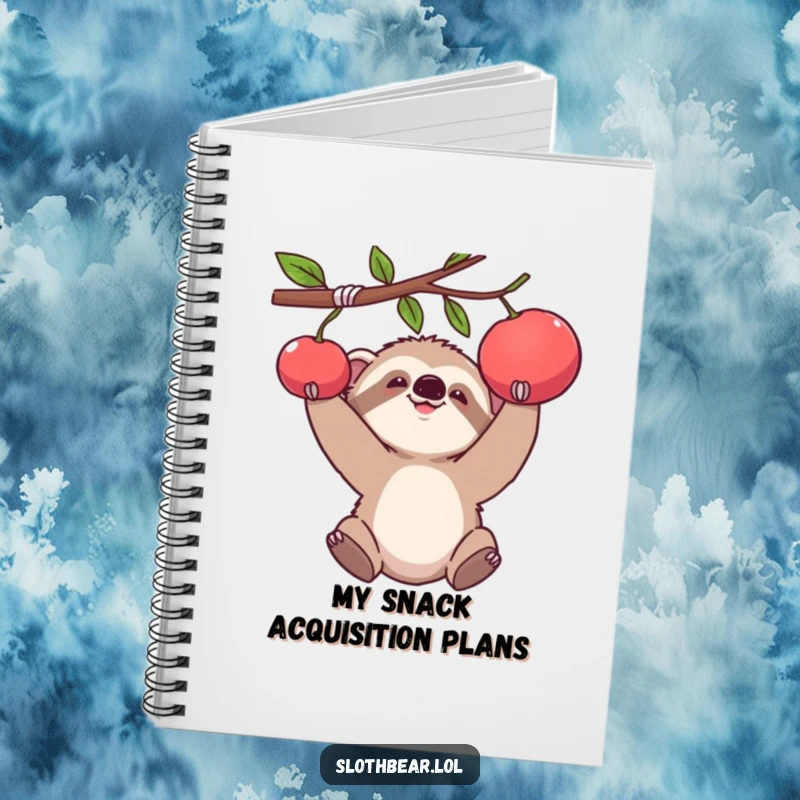 Funny notebook with a baby sloth bear cub reaching for fruit, ideal for jotting down notes with a smile.