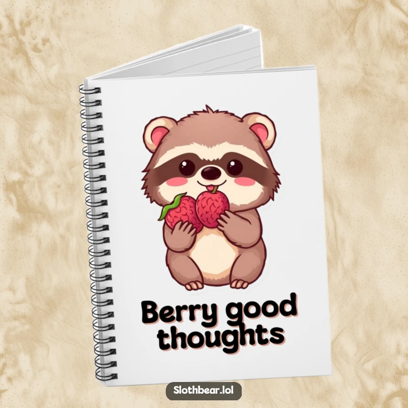 Funny kawaii sloth bear holding a single berry with delight on the cover of a lined notebook, inspiring happy notes.