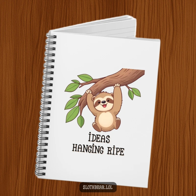 Funny kawaii sloth bear swinging energetically from a tree branch, featured on the cover of a lined notebook for jotting notes.