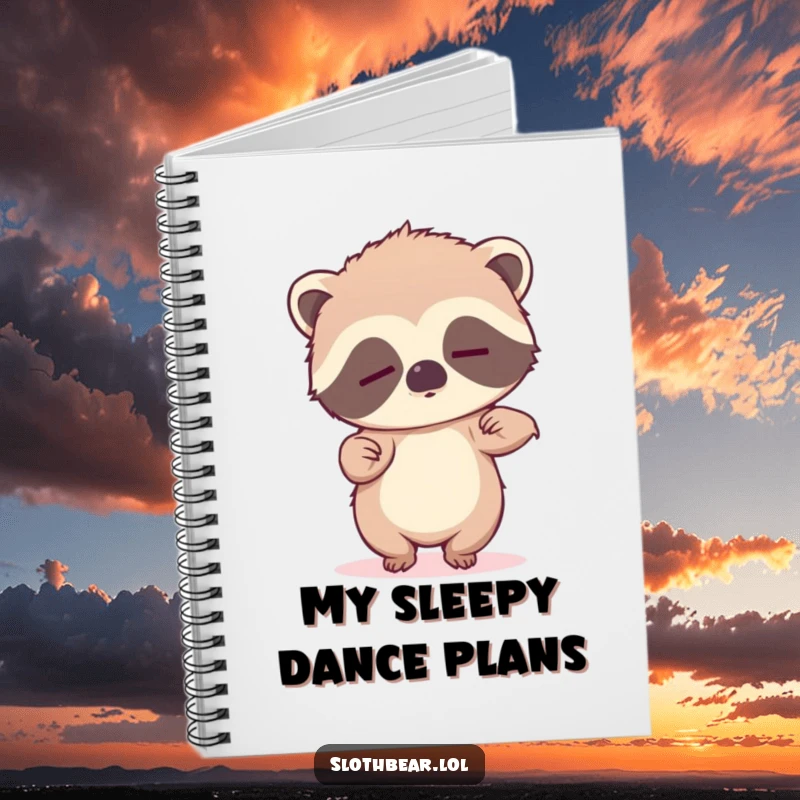 Funny notebook with a sleepy sloth bear cub trying to dance, ideal for jotting down notes with a smile.