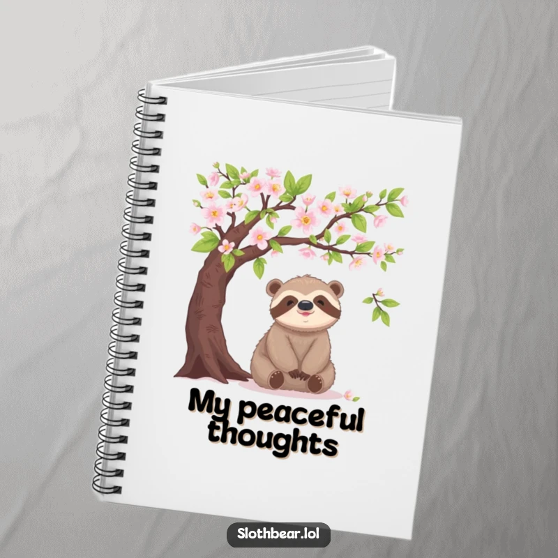 Funny sloth bear notebook, under blooming tree, peaceful, for notes and journaling, humorous design.