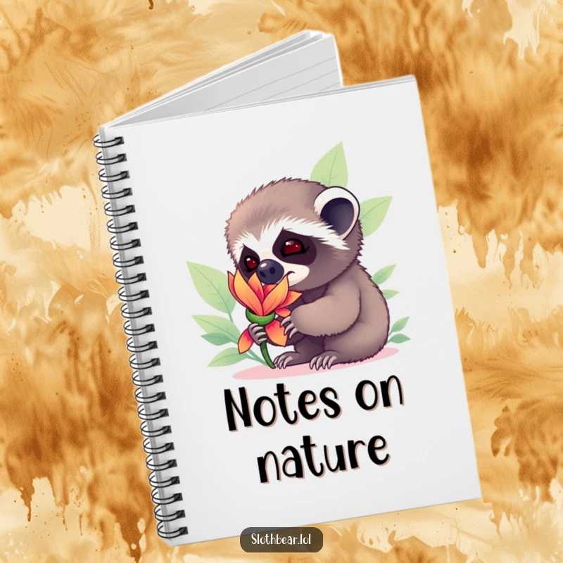 Funny sloth bear cub sniffing a flower, featured on the cover of a notebook for capturing thoughts and ideas.