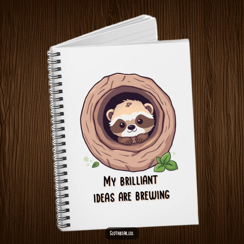 Funny sloth bear cub peeking from a tree log, featured on the cover of a notebook, perfect for cute and funny journaling.
