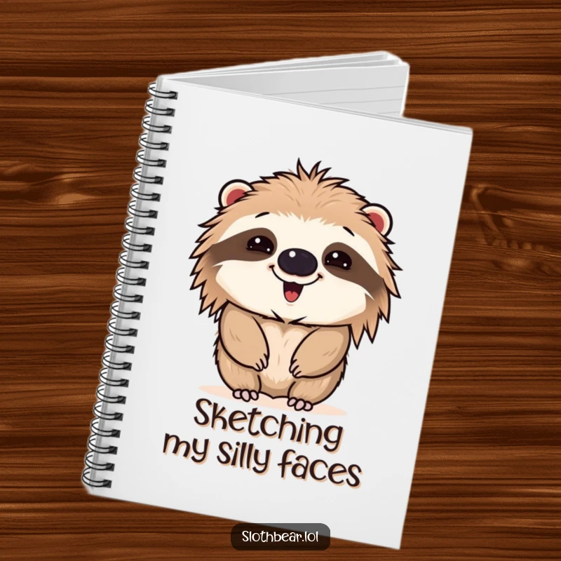 Funny notebook with a sloth bear making a comical face, ideal for writing and note-taking with a touch of humorous, expressive design.