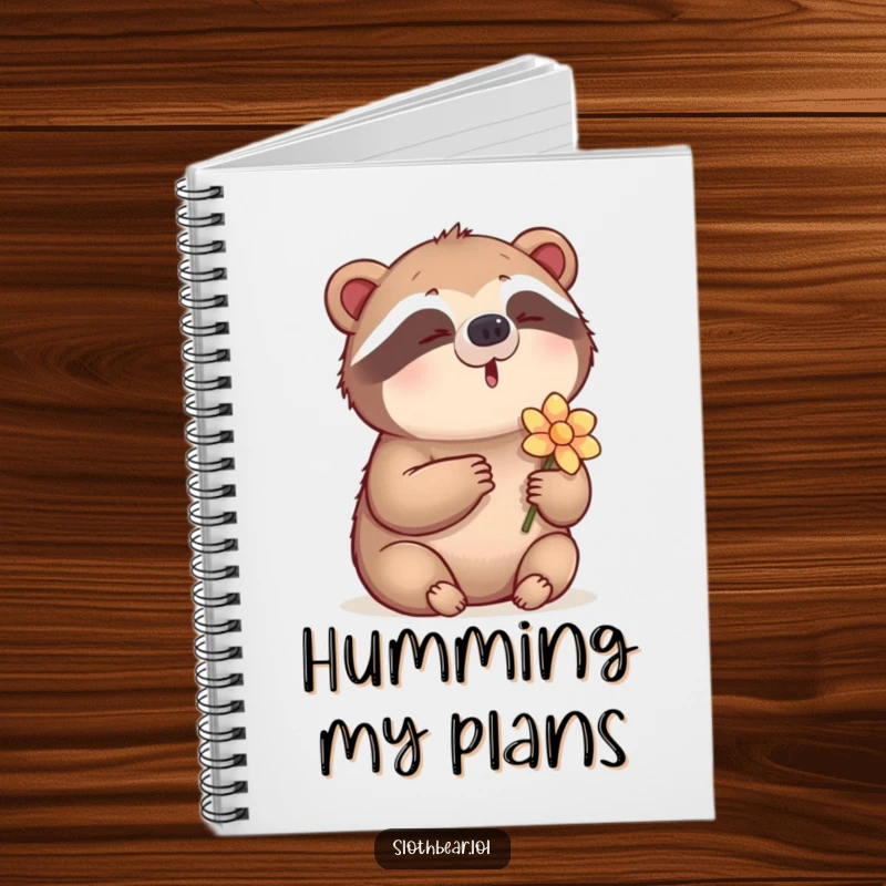 Funny Notebook with a sloth bear humming a tune and holding a flower, ideal for jotting down musical ideas.