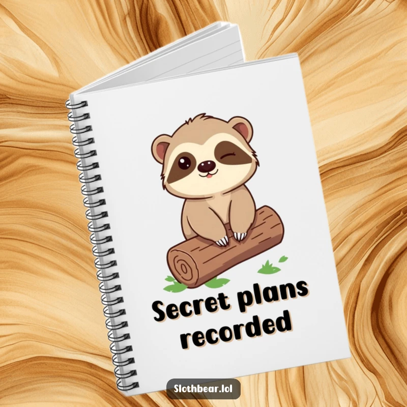 Funny Sloth Bear Notebook with a winking character sitting on a log, ideal for note-taking and brainstorming with a playful flair.