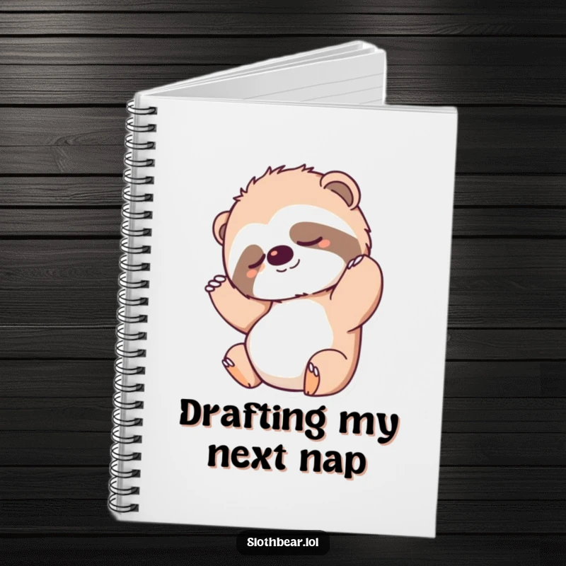 Funny Notebook with a sloth bear character stretching after a nap, ideal for jotting down ideas with a relaxed feel.