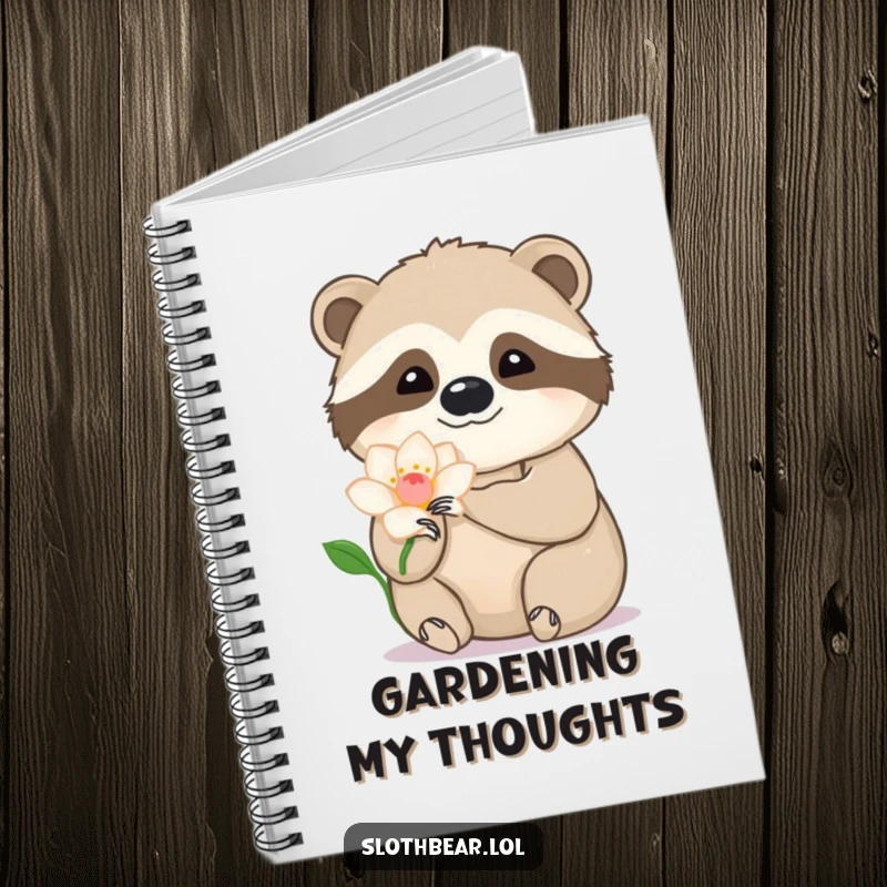 Funny sloth bear notebook with a paw gently touching a flower petal, inspiring creativity with delicate humor.