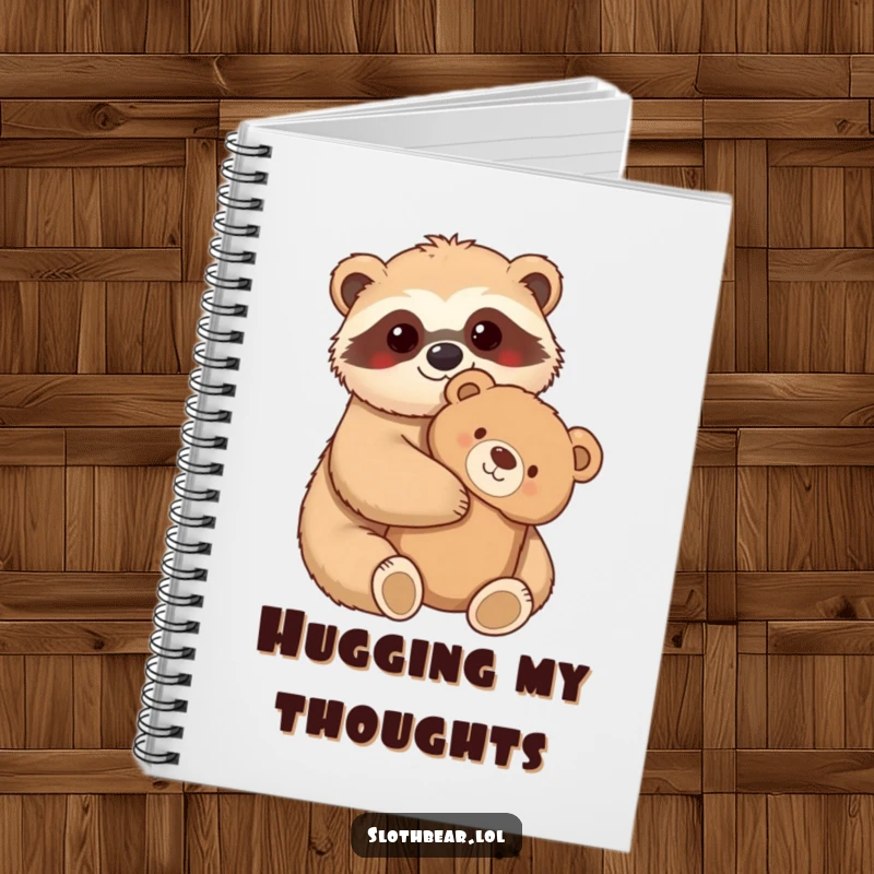 Funny Notebook featuring a kawaii sloth bear character hugging a fuzzy teddy bear, perfect for note-taking and journaling with warmth.