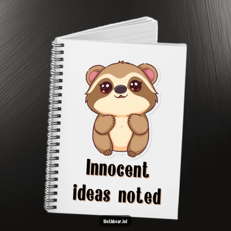 Funny Kawaii Sloth Bear Notebook featuring a cute bear looking up with innocent eyes, ideal for notes and a sweet funny gift.