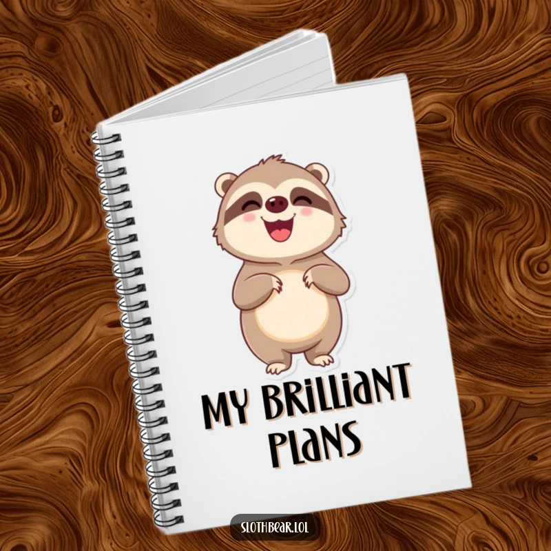 Funny delighted sloth bear character standing on hind legs looking pleased, featured on the cover of a funny notebook.