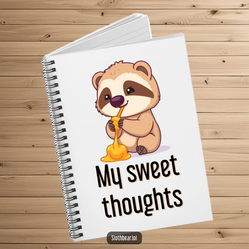 Funny notebook cover featuring a cute sloth bear licking honey from its paw. Perfect for jotting down notes with a smile.