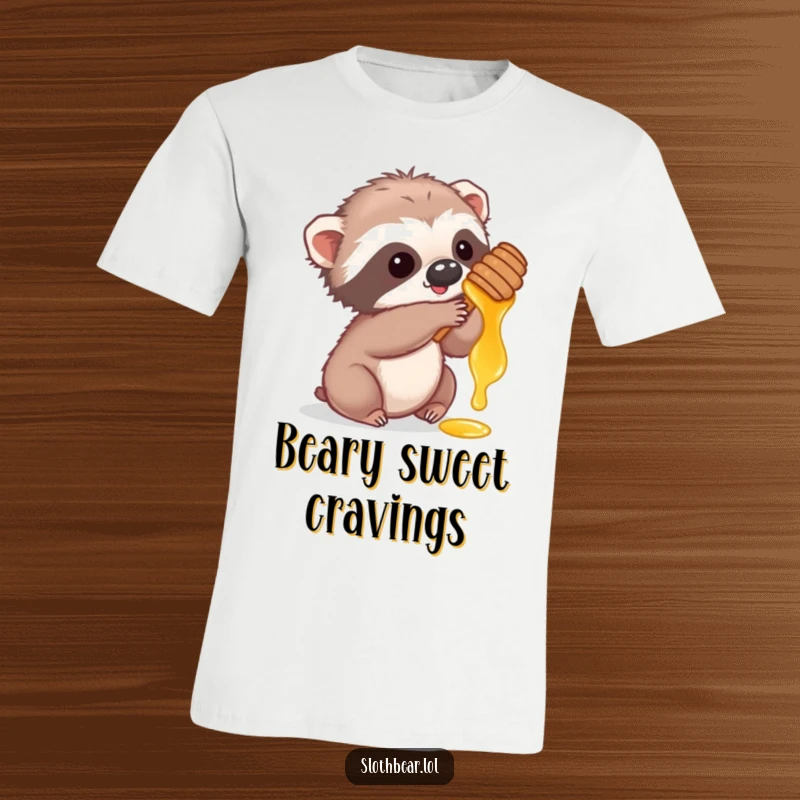 Funny t-shirt with a cute sloth bear cub playfully reaching for honey, showcasing a sweet and humorous design.