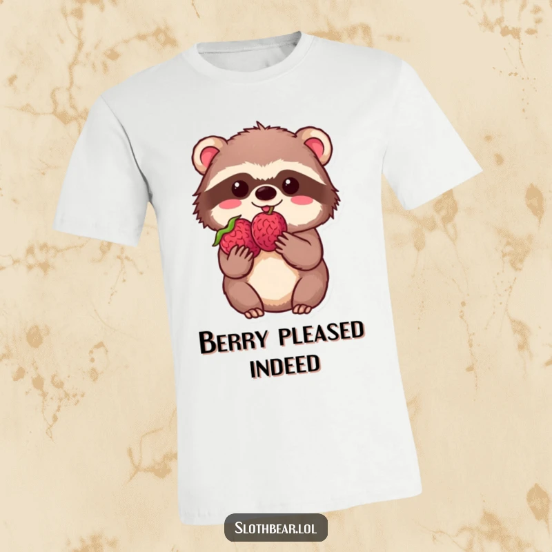 Funny kawaii sloth bear gently holding a ripe berry with visible delight on a comfortable t-shirt, capturing pure happiness.