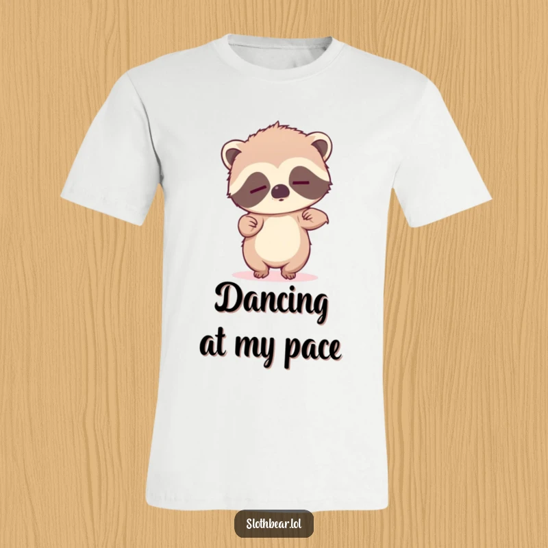 Funny t-shirt with a sleepy sloth bear cub making a comical attempt at dancing despite its tired eyes.