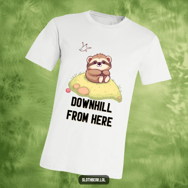 Funny kawaii sloth bear enjoying a playful tumble down a mossy hill on a comfortable t-shirt, embodying pure delight.