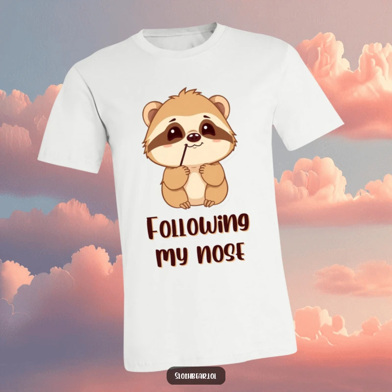 Funny Sloth Bear T-Shirt with a character expressing curiosity while sniffing the air, perfect for adventurers and nature enthusiasts.