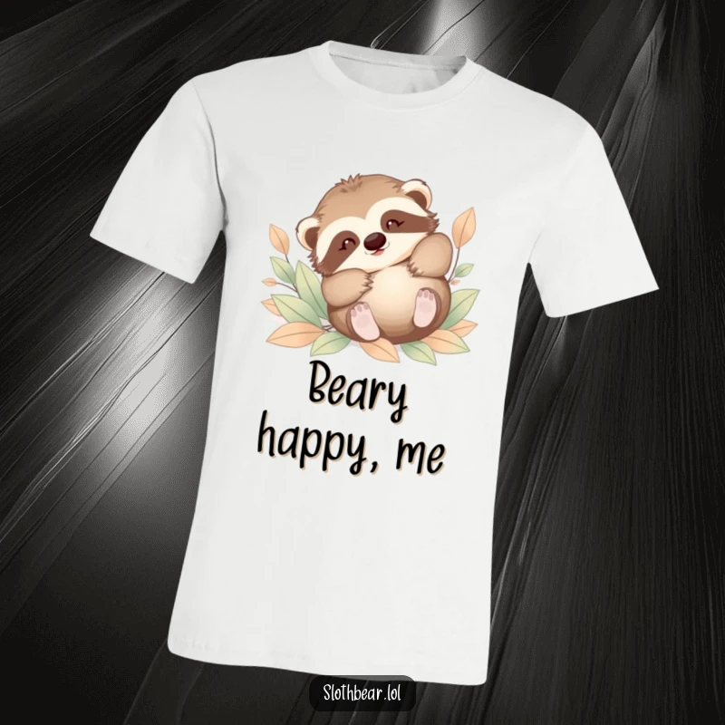 Funny t-shirt print of a baby sloth bear joyfully tumbling in a pile of soft leaves. A cute and humorous design.