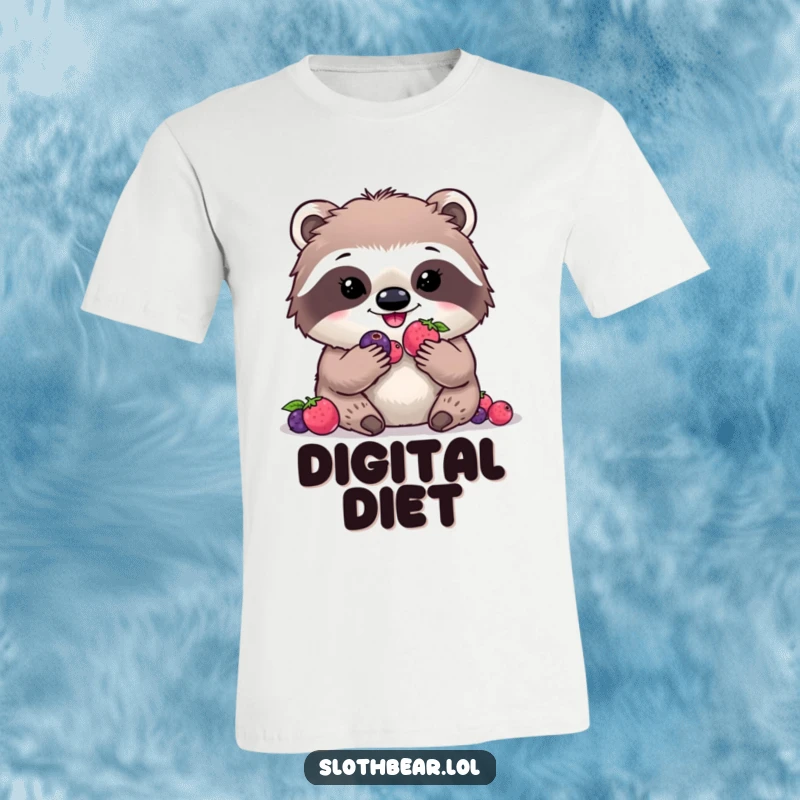 Funny kawaii sloth bear t-shirt showing a cute character joyfully eating bright digital berries, perfect for comfort and humor.