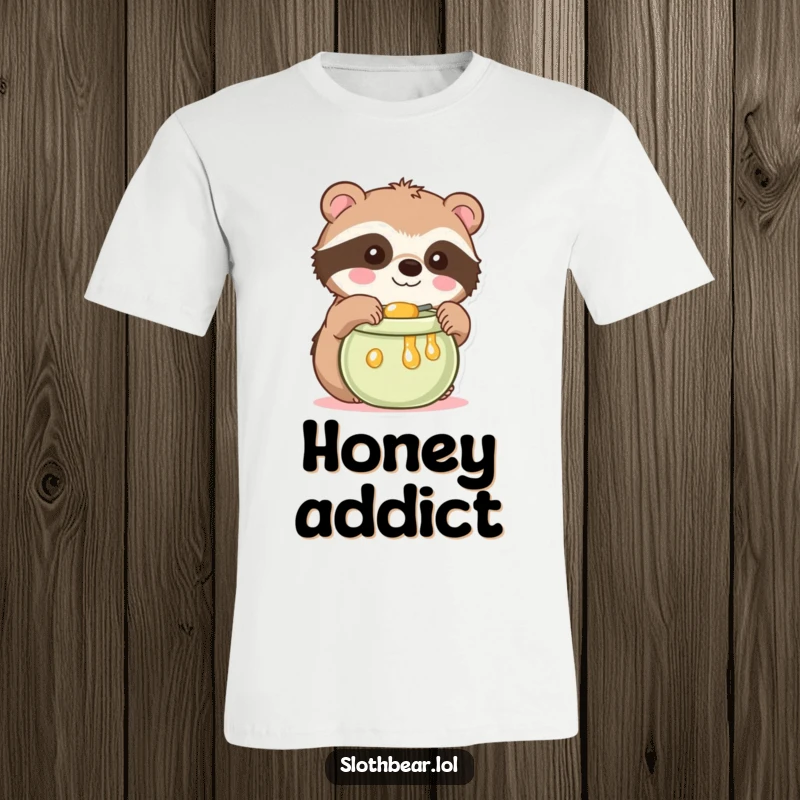 Funny Kawaii Sloth Bear T-Shirt with a cute bear reaching for honey, showcasing wearable cuteness and making a great funny gift.