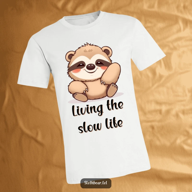 Funny t-shirt graphic of a sloth bear stretching out with a massive, contented grin, capturing a moment of pure, lazy bliss.