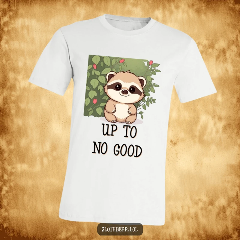 Funny t-shirt illustrating a sloth bear with a sly, mischievous expression, peeking from concealment, symbolizing playful intrigue and humor.