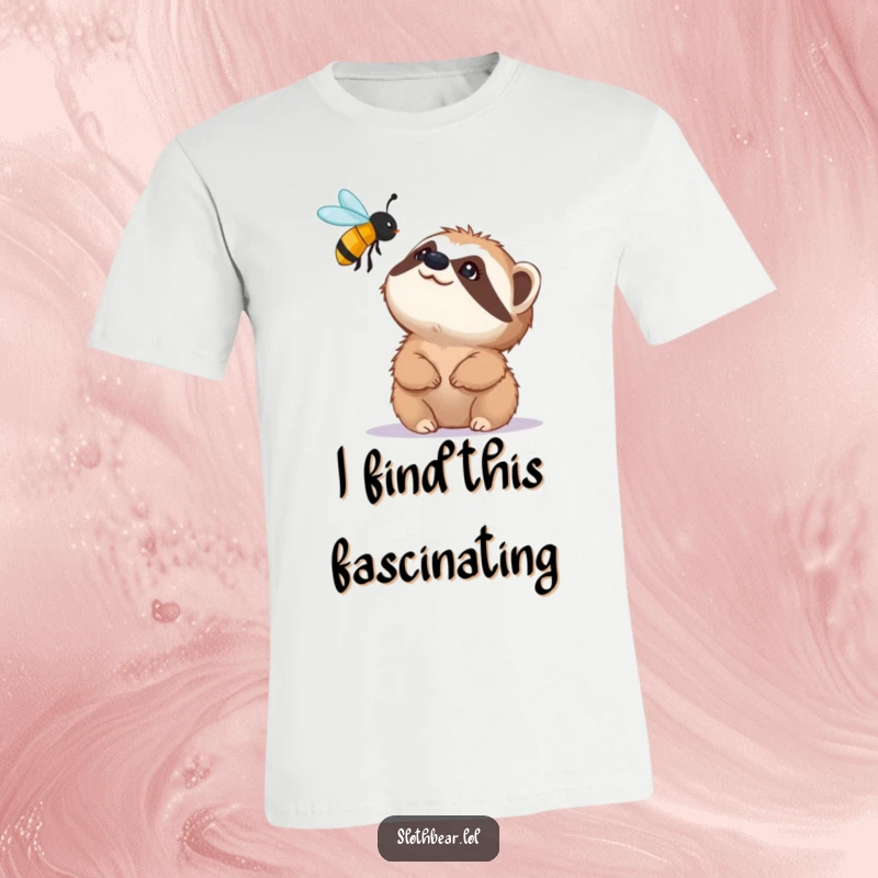 Funny t-shirt featuring a small sloth bear character looking up with fascination at a buzzing bee, highlighting a curious wildlife encounter.
