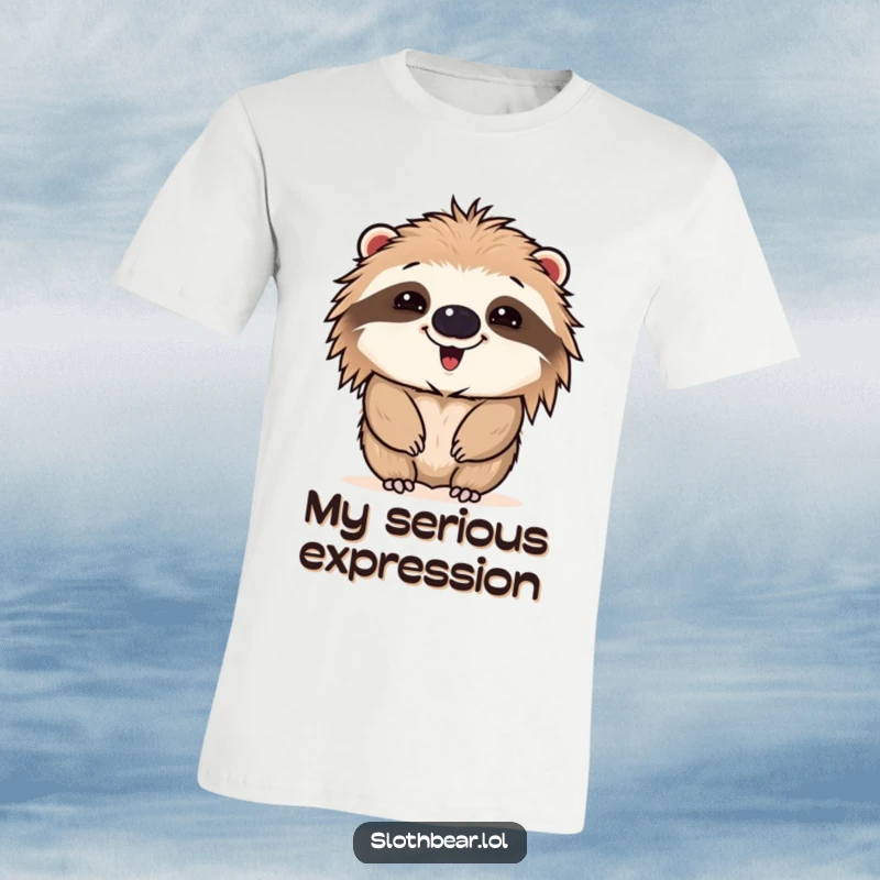 Funny t-shirt showing a sloth bear making a ridiculous and humorous face, capturing a moment of pure, comedic expression.