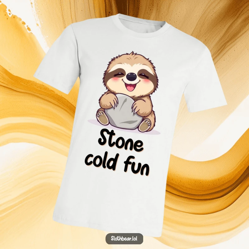 Funny T-Shirt featuring a sloth bear giggling gleefully while playing with a smooth stone, a depiction of pure happiness.