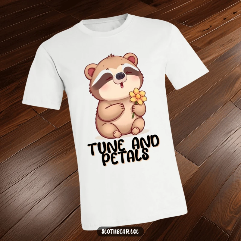 Funny T-Shirt showing a sloth bear humming a tune while holding a flower, a charming and musical design.